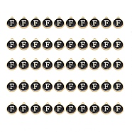 Golden Plated Alloy Charms, with Enamel, Enamelled Sequins, Flat Round, Black, Letter.F, 14x12x2mm, Hole: 1.5mm, 50pcs/Box(ENAM-SZ0001-25B-F)