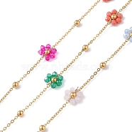Flower Glass Beaded Chains, Unwelded, with 304 Stainless Steel Link Chains, Golden, Colorful, 2~8x1.5~8x0.3~3mm(CHS-P016-42G)
