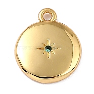Brass Micro Pave Cubic Zirconia Charms, Long-Lasting Plated, Real 18K Gold Plated, Flat Round with Star, Sea Green, 12x10x2mm, Hole: 1.2mm(ZIRC-I054-13G-04)