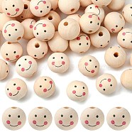 Natural Wood Beads, Large Hole Beads, Round with Smile Face, PapayaWhip, 24~25x23.5mm, Hole: 5.5mm, about 100pcs/500g(WOOD-T019-13A)