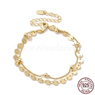925 Sterling Silver Satellite & Flat Round Link Chains Double-Layer Multi-strand Bracelet, Real 14K Gold Plated, 6-3/8 inch(16.3cm)(STER-M116-09G)