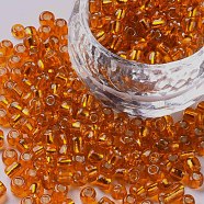 6/0 Glass Seed Beads, Silver Lined Round Hole, Round, Orange Red, 6/0, 4mm, Hole: 1.5mm, about 500pcs/50g, 50g/bag, 18bags/2pounds(SEED-US0003-4mm-29)