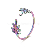 Ion Plating(IP) Rainbow Color 304 Stainless Steel Leaf Open Cuff Ring for Women, US Size 6 1/2(16.9mm)(RJEW-C025-24M)