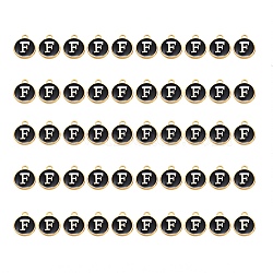 Golden Plated Alloy Charms, with Enamel, Enamelled Sequins, Flat Round, Black, Letter.F, 14x12x2mm, Hole: 1.5mm, 50pcs/Box(ENAM-SZ0001-25B-F)