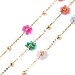 Flower Glass Beaded Chains, Unwelded, with 304 Stainless Steel Link Chains, Golden, Colorful, 2~8x1.5~8x0.3~3mm(CHS-P016-42G)
