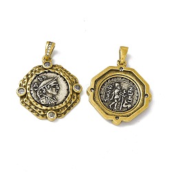 Rack Plating Brass Micro Pave Clear Cubic Zirconia Pendants, Cadmium Free & Lead Free & Nickle Free, Flat Round with Greece Coin Charm, Antique Silver & Antique Golden, 27.5x24.5x3.5mm, Hole: 4.5x3mm(KK-I696-02)