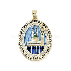 Rack Plating Brass Micro Pave Clear Cubic Zirconia Pendants, with Enamel, Long-Lasting Plated, Lead Free & Cadmium Free, Oval with Castle Charms, Cornflower Blue, 33x24x3.5mm, Hole: 3x6mm(KK-H474-24B-04G)