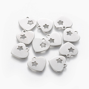 201 Stainless Steel Charms, Heart with Star, Stainless Steel Color, 12.5x13x0.5mm, Hole: 1.4mm