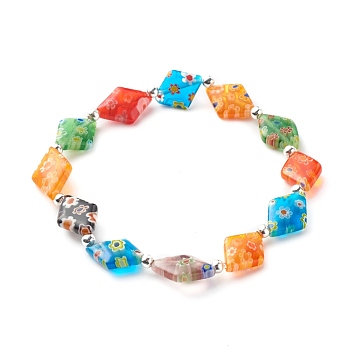Handmade Millefiori Lampwork Beads Stretch Bracelet for Teen Girl Women Gift, Cute Rhombus Beads Bracelet, Colorful, Inner Diameter: 2-7/8 inch(7.3cm)