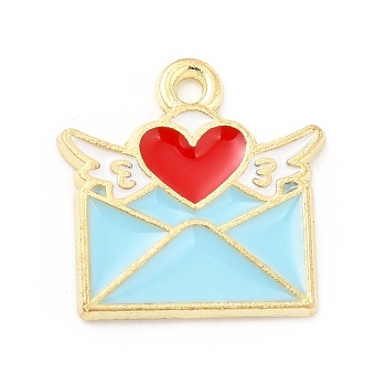 Alloy Enamel Pendants, Light Gold, Envelope with Heart & Wing Charm, Pale Turquoise, 15x15x1mm, Hole: 1.4mm