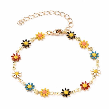 Golden Brass Flower Enamel Links Bracelets, with Brass Curb Chains & Lobster Claw Clasps, Colorful, 7-1/4 inch(18.5cm)