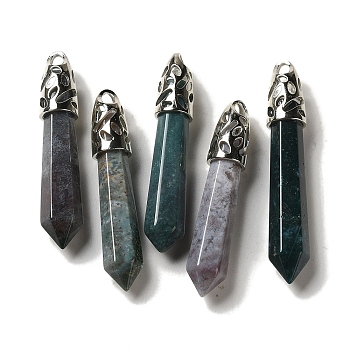 Natural Indian Agate Pointed Big Pendants, Faceted Bullet Charms with Rack Plating Platinum Plated Brass Findings, 56~65x11~11.5x10~10.5mm, Hole: 4X3mm