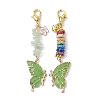 Butterfly Alloy Enamel Pendants Decoraiton, Natural Prehnite Chip & Lava Rock Beads and Lobster Claw Clasps Charm, Lime Green, 81~83mm, 2pcs/set