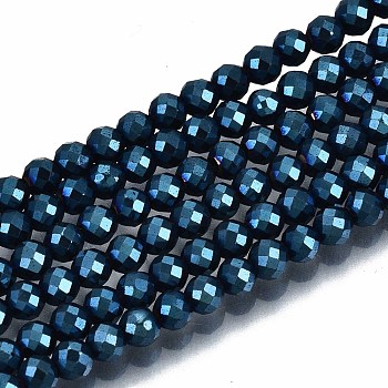 Electroplate Non-magnetic Synthetic Hematite Beads Strands, Round, Faceted, Royal Blue, 3mm, Hole: 0.8mm, about 137~139pcs/strand, 15.55 inch~15.67 inch(39.5cm~39.8cm)