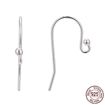925 Sterling Silver Earring Hooks, Silver, 20x10mm, Hole: 1mm, 22 Gauge, Pin: 0.7mm