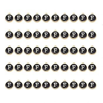 Golden Plated Alloy Charms, with Enamel, Enamelled Sequins, Flat Round, Black, Letter.F, 14x12x2mm, Hole: 1.5mm, 50pcs/Box