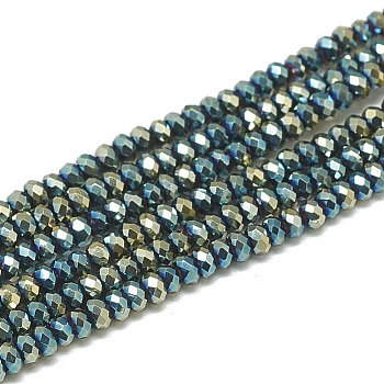 Electroplate Glass Beads Strands, Faceted, Rondelle, Turquoise, 2.5x1.5mm, Hole: 0.8mm, about 160~165pcs/strand, 13.78 inch~14.17 inch(35~36cm)