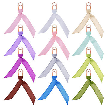 12Pcs Polyester Ribbon Bookmarks, with Carbon Steel Paper Clips, Mixed Color, 75mm, 12pcs/set