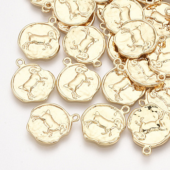 Brass Pendants, Flat Round with Constellations, Real 18K Gold Plated, Aries, 16x14x1~1.5mm, Hole: 1mm