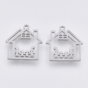 201 Stainless Steel Pendants, Laser Cut Pendants, House with Family, Stainless Steel Color, 17.5x16.5x1mm, Hole: 1.4mm