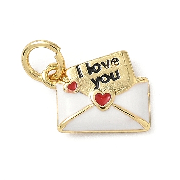 Brass Enamel Charms, Love Letter Charms, with Jump Ring, Rack Plating, Long-Lasting Plated, Lead Free & Cadmium Free, Real 18K Gold Plated, White, 8.5x11.5x2.5mm, Hole: 3.3mm