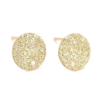 Rack Plating Brass Stud Earrings Finding, Cadmium Free & Nickel Free & Lead Free, Textured Flat Round, Real 18K Gold Plated, 10x0.5mm, Hole: 1.2mm, Pin: 0.75mm