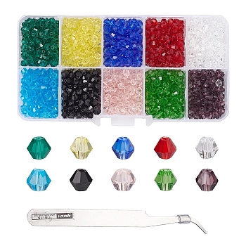 DIY Jewelry Making Kits, Including Faceted Bicone Glass Beads, 1500Pcs 10 Style, Curved Tip 410 Stainless Steel Pointed Tweezers, Nail Art Tools, Mixed Color, 105x9x0.8mm