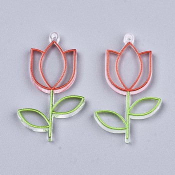 Transparent Clear Acrylic Pendants, 3D Printed, with Film on the Back, Tulip Flower, FireBrick, 44x26x3mm, Hole: 1.6mm