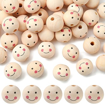 Natural Wood Beads, Large Hole Beads, Round with Smile Face, PapayaWhip, 24~25x23.5mm, Hole: 5.5mm, about 100pcs/500g
