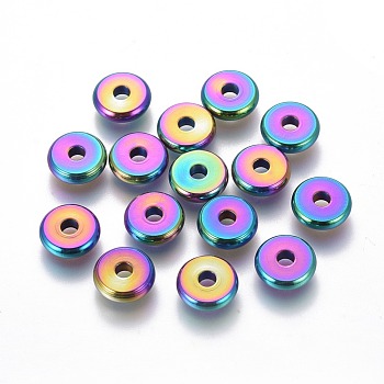 Ion Plating(IP) 304 Stainless Steel Beads, Donut/Pi Disc, Rainbow Color, 10x2.5mm, Hole: 2.8mm