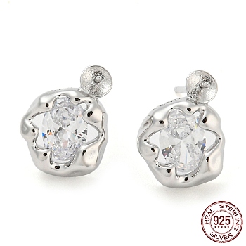 Rhodium Plated Flower 925 Sterling Silver with Clear Cubic Zirconia Stud Earring Findings, Earring Settings for Half Drilled Beads, with S925 Stamp, Real Platinum Plated, 13x10mm, Pin: 11x0.7mm and 0.7mm