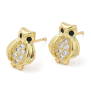 Rack Plating Brass Owl Stud Earrings with Cubic Zirconia, Lead Free & Cadmium Free, Real 18K Gold Plated, 11x9mm