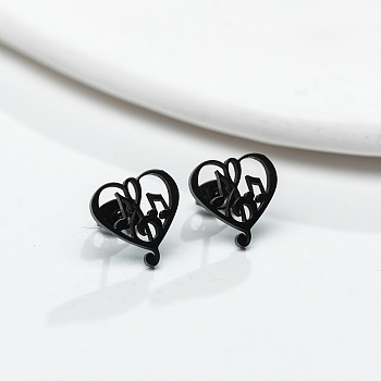 304 Stainless Steel Heart with Music Note Stud Earrings with 316 Stainless Steel Pins for Women, Electrophoresis Black, 13x13mm