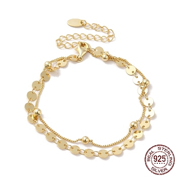 925 Sterling Silver Satellite & Flat Round Link Chains Double-Layer Multi-strand Bracelet, Real 14K Gold Plated, 6-3/8 inch(16.3cm)
