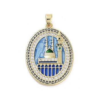 Rack Plating Brass Micro Pave Clear Cubic Zirconia Pendants, with Enamel, Long-Lasting Plated, Lead Free & Cadmium Free, Oval with Castle Charms, Cornflower Blue, 33x24x3.5mm, Hole: 3x6mm