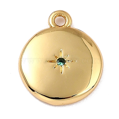 Real 18K Gold Plated Sea Green Flat Round Brass+Cubic Zirconia Charms