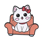 Cat Sitting in Sofa Enamel Brooches, Black Alloy Lapel Pin Backs for Backpack Clothes, White, 30x32mm(AL-I001-06EB-01)
