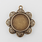 Vintage Flower Alloy Pendant Cabochon Settings, Cadmium Free & Nickel Free & Lead Free, Antique Bronze, Tray: 20mm, 39.5x35x3mm, Hole: 2mm, about 150pcs/kg(PALLOY-N0088-71AB-NF)