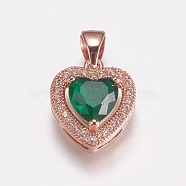 Brass Micro Pave Cubic Zirconia Charms, Heart, Green, Rose Gold, 14x12x5mm, Hole: 3x5mm(ZIRC-E143-58C-RG)