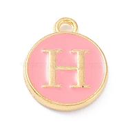 Golden Plated Alloy Enamel Charms, Enamelled Sequins, Flat Round with Alphabet, Letter.H, Pink, 14x12x2mm, Hole: 1.5mm(X-ENAM-Q437-14H)