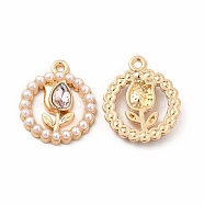 ABS Plastic Imitation Pearl Pendants, with Alloy Findings and Glass, Flat Round with Flower Charm, Golden, 20x17x3mm, Hole: 1.6mm(FIND-A025-11G)