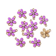 Zinc Alloy Enamel Links Connectors, with Crystal Rhinestones, Golden, Flower, Medium Orchid, 15.5x19.5x3mm, Hole: 2mm(ENAM-WH0054-33D)