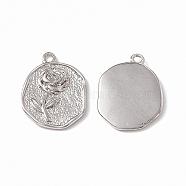 Brass Pendants, Flat Round Charms with Rose Pattern, Real Platinum Plated, 16.5x12x1.5mm, Hole: 1.2mm(KK-K271-23P)