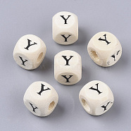Printed Natural Wood Beads, Horizontal Hole, Cube with Initial Letter, PapayaWhip, Letter.Y, 10x10x10mm, Hole: 3.5mm, about 1000pcs/500g(WOOD-T026-001Y)