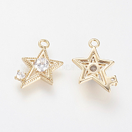 Brass Micro Pave Cubic Zirconia Pendants, Real 18K Gold Plated, Star, 15.5x10x3mm, Hole: 1.5mm(KK-R058-014G)