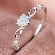 Alloy Finger Rings, with Brass Micro Pave Cubic Zirconia and Opal Finding, Heart, US Size 7(17.3mm)(FS-WGB42E9-19)