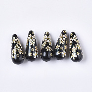 Printed Opaque Resin Beads, teardrop, with Flower Pattern, Black, 32x13mm, Hole: 1.5mm(X-RESI-T038-001C)