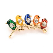 Birds with Branch Alloy Rhinestone Brooch, Exquisite Lapel Pin for Girl Women, Golden, Colorful, 20x37.5x4mm, Pin: 0.8mm(JEWB-O009-11)