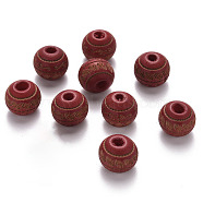 Painted Natural Wood Beads, Laser Engraved Pattern, Round with Leave Pattern, FireBrick, 10x9mm, Hole: 2.5mm(WOOD-N006-02A-10)