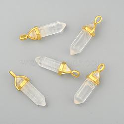 Natural Quartz Crystal Pointed Pendants, Rock Crystal Pendants, with Random Alloy Pendant Hexagon Bead Cap Bails, Golden, Bullet, 37~40x12.5x10mm, Hole: 3x4.5mm(X-G-G902-A12)